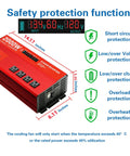 Safety features of Beast Mode 2000W Power Inverter, showing protection functions and LCD display dimensions.