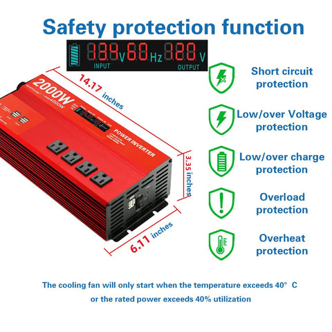 Safety features of Beast Mode 2000W Power Inverter, showing protection functions and LCD display dimensions.