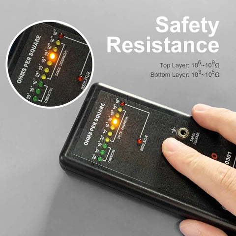 Close-up of multi-layer design for 30x24 Inch ESD Rubber Mat With Grounding Kit For PC Building And Electronics Repair Anti Static Table Pad Solder Work Wrist Strap Cord Gloves Included Grey, showing resistance levels.