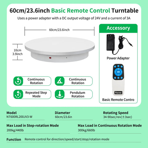 Super Heavy Duty Motorized Turntable With Speed Adjustable Base For Human 3D Scan And Store Display showcasing Massive 660 Lb Load Capacity Plus Continuous Rotation To Impress Clients Every Single Time, 60cm diameter remote control turntable with power adapter.