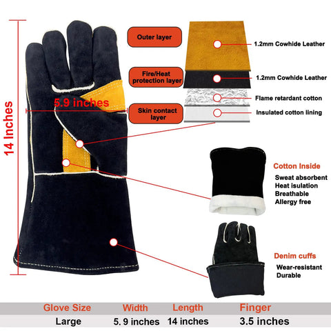 Diagram of 14 Inch Heavy Duty Leather Welding Gloves With Soft Lining, 932 F Heat Resistant Mitts, detailed material layers