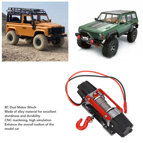 Check Out This Insane Dual Motor Rc Winch With Realistic Cnc Metal Build For 1/10 And 1/8 Scale Off Road Cars, showing alloy winch and RC trucks.