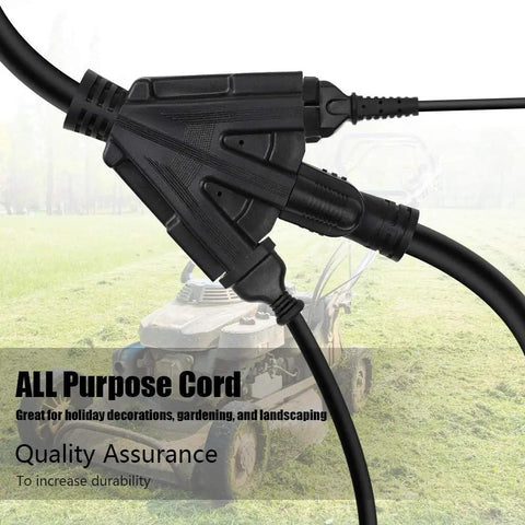 Three-Foot 12-Gauge Outdoor Extension Cord With Three Outlets Heavy Duty SJTW Grounded Power Cable on lawn