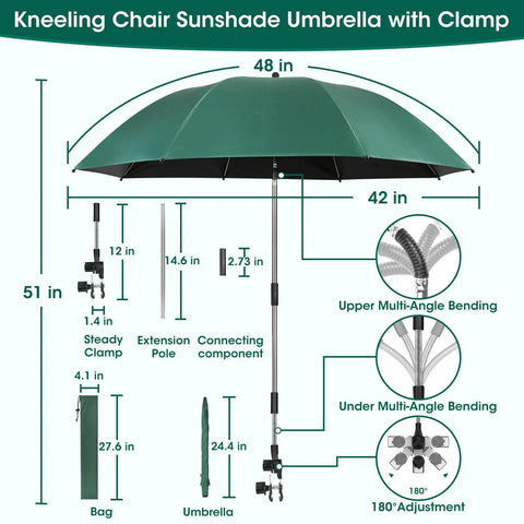 2-In-1 Garden Kneeler With Umbrella showing 42-Inch Green Umbrella, adjustable pole from 35.2-51 inches, accessories detailed