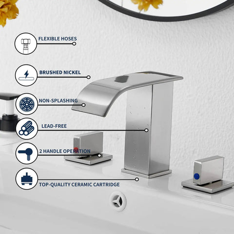 Brushed Nickel Widespread Bathroom Faucet With 3 Holes And 2 Handles Dope Modern Waterfall Sink Faucet With Pop Up Drain Deck