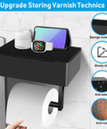 Toilet Paper Holder With Storage Shelf Wall Mount Black Stainless Steel No Installation Keeps Wet Wipes Moist Handy Bathroom Organizer For Pads And Bags with phone and watch on top shelf