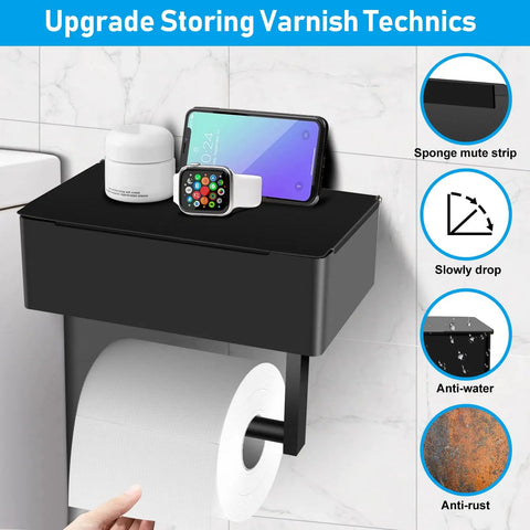Toilet Paper Holder With Storage Shelf Wall Mount Black Stainless Steel No Installation Keeps Wet Wipes Moist Handy Bathroom Organizer For Pads And Bags with phone and watch on top shelf
