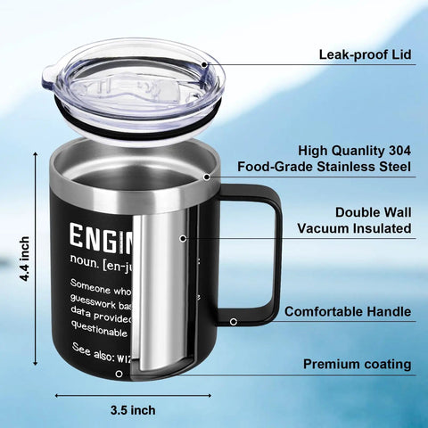 Engineer Definition Insulated Coffee Mug 12 Oz For Engineers Gift For Men Black Perfect Christmas Birthday Gift For Engineering Students And Pros Who Love Their Brew Gift Idea with labeled features