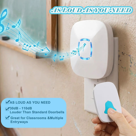 Attention Grabbing Classroom Doorbell Set With 4 Push Buttons And 1 Receiver in use, mounted on classroom wall, emitting music notes.