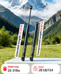 17 Inch 28 Lb Force Gas Strut Kit For Beefy Truck Topper Rear Window Lift, showing extended and compressed lengths outdoors.
