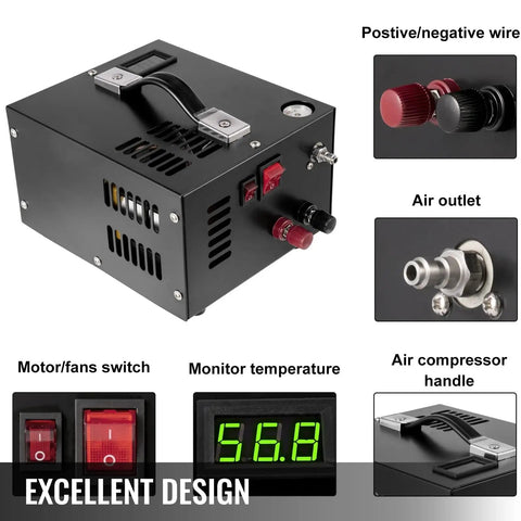 Ace4U 4500Psi Portable PCP Air Compressor Pump 12VDC High Pressure Inflator Transformer For Airgun Rifle Set-Pressure Cooling Fan Compact Reliable Outdoor Shooting Gear