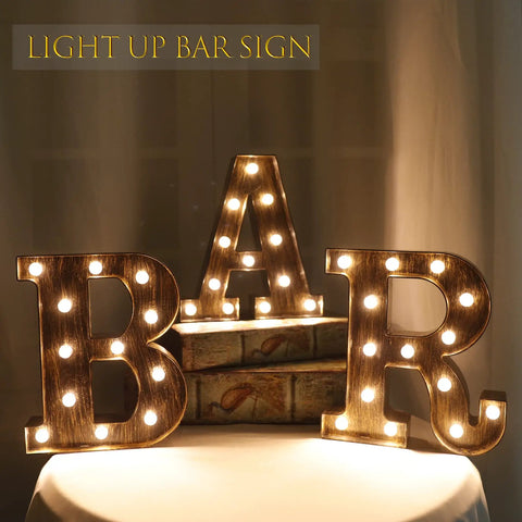 Light Up BAR Sign LED Marquee Letter For Home Bar And Party Decor on tabletop, vintage style illuminated with warm LEDs