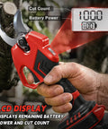 Rugged Electric Pole Pruner And Cordless Shears With Telescoping Rod Quick One Hand Action For Thick Limbs Perfect For Backyard Jobs And No Sweat Trimming, showing LCD display for battery power and cut count.
