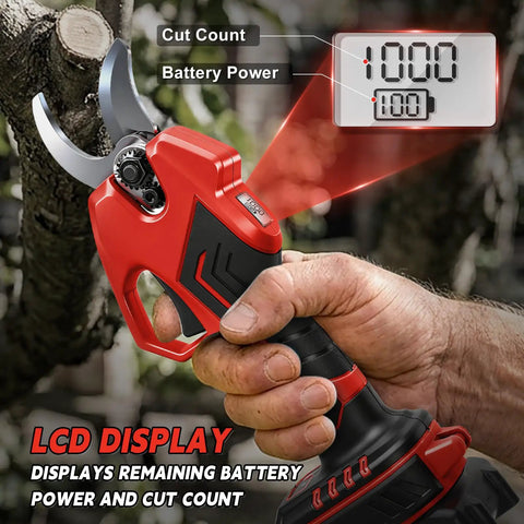 Rugged Electric Pole Pruner And Cordless Shears With Telescoping Rod Quick One Hand Action For Thick Limbs Perfect For Backyard Jobs And No Sweat Trimming, showing LCD display for battery power and cut count.