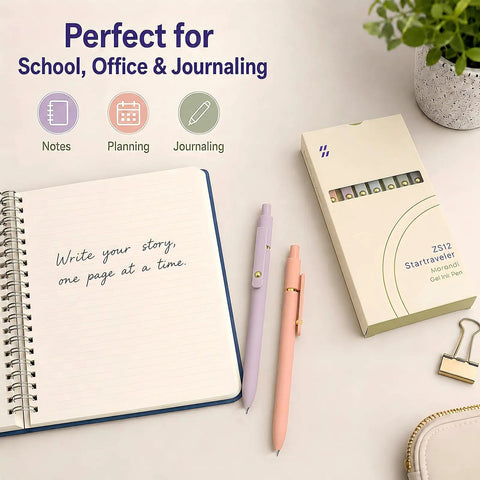 Open notebook with writing, two gel pens, and packaging, 7 Pack Gel Pens 0.5mm Quick Dry Black Ink For Smooth Writing Retractable Ballpoint Pens