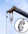 Heavy Duty Snatch Block Pulley With Shackle And Pin, 4.5 Ton Capacity, 5 Inch Sheave, Silver Finish, Wire Rope Cable Pulley For Rigging, Lifting, Towing, Off Road, Marine Use attached to crane boom