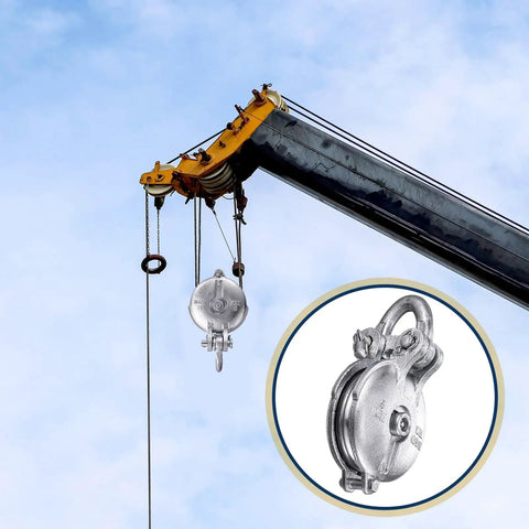 Heavy Duty Snatch Block Pulley With Shackle And Pin, 4.5 Ton Capacity, 5 Inch Sheave, Silver Finish, Wire Rope Cable Pulley For Rigging, Lifting, Towing, Off Road, Marine Use attached to crane boom