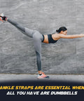 Woman exercising with ankle straps for dumbbells and cable machines, extra long nylon strap for tibialis training, leg extensions.