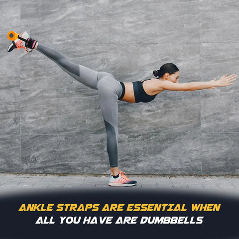 Woman exercising with ankle straps for dumbbells and cable machines, extra long nylon strap for tibialis training, leg extensions.
