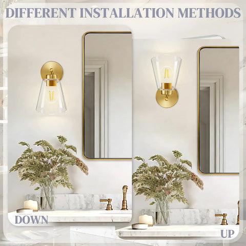 Gold Wall Sconces Set Of 2 Modern Industrial Brass Wall Lamps For Bedroom Living Room Kitchen Over Sink Hallway With Clear Cone Glass Shades Warm Ambient Lighting Easy Install Perfect For Bath Vanities