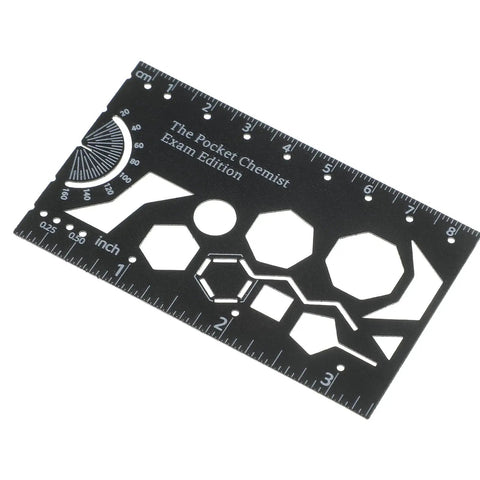 Organic Chemistry Stencil And Drawing Template Durable Metal Drafting Kit For Chemists And Students Built To Last For Real Molecule Modeling In The Lab And Classroom Compact 3.35 X 2 Inch, shown with measurement markings and molecule shapes