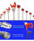 Universal Airless Paint Sprayer Extension Pole Featuring Slick Aluminum Build And Tight Seal Quick Change Handle Attachment For Smooth Finish Long Reach showing various nozzle tips and connectors.