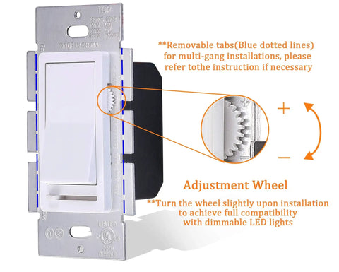3-Way Or Single-Pole In-Wall Slide Dimmer Switch For LED And CFL And Incandescent Lights with adjustment wheel detail
