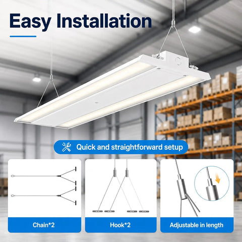 Rock Solid Heavy Duty 165W LED Linear High Bay Shop Light With Smooth 0-10V Dimming And Crisp 5000K Daylight Output For Warehouses Workshops And Garages Four Pack shows easy installation methods with adjustable length cables.
