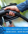 Close-up of a hand holding a charging cable plugged into a car, highlighting UL certification for safety and reliability.