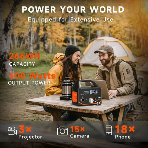 Portable Power Station 300W 266Wh Solar Generator With 7-Output Hub on picnic table during camping
