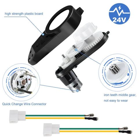 Two Pack 24V RS555 40000RPM High Speed Ride On Motor With Gearbox, plastic board, iron gear, connectors visible