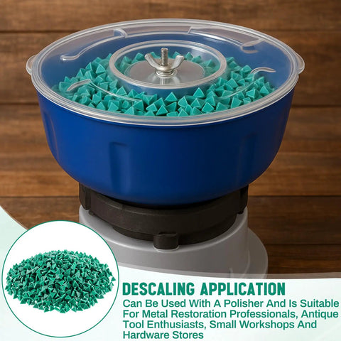 Rust Busting Resin Tumbler Media, 6.6 Lb Green Triangle Shaped Abrasive Pellets for rust removal in blue tumbler