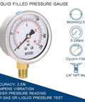 Glycerin Filled Pressure Gauge 0 To 230 Psi For Pool Pumps And Air Compressors With A Two And A Half Inch Dial Lower Mount One Quarter Inch NPT Stainless Steel Case Dual Scale Readout For Water Oil And Air Pressure Tests.