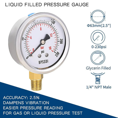 Glycerin Filled Pressure Gauge 0 To 230 Psi For Pool Pumps And Air Compressors With A Two And A Half Inch Dial Lower Mount One Quarter Inch NPT Stainless Steel Case Dual Scale Readout For Water Oil And Air Pressure Tests.