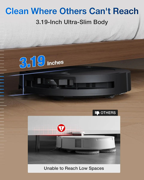 T50 Pro Omni Robot Vacuum and Mop with Ultra Slim 3.19 Inch Body cleaning under a low bed, highlighting its thin design.