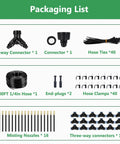 100Ft Drip Irrigation System With One Quarter Inch Hose And 360 Degree Adjustable Copper Nozzles Easy DIY Garden Watering Kit For Lawn Raised Beds Greenhouse And Yard packaging list with connectors, hose, ties, nozzles, and clamps.