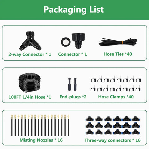 100Ft Drip Irrigation System With One Quarter Inch Hose And 360 Degree Adjustable Copper Nozzles Easy DIY Garden Watering Kit For Lawn Raised Beds Greenhouse And Yard packaging list with connectors, hose, ties, nozzles, and clamps.