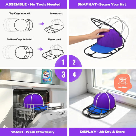 Hat Washer Cage For Washing Machines And Dishwashers, Baseball Cap Cleaner Rack, 2 Pack shown in use and assembly steps