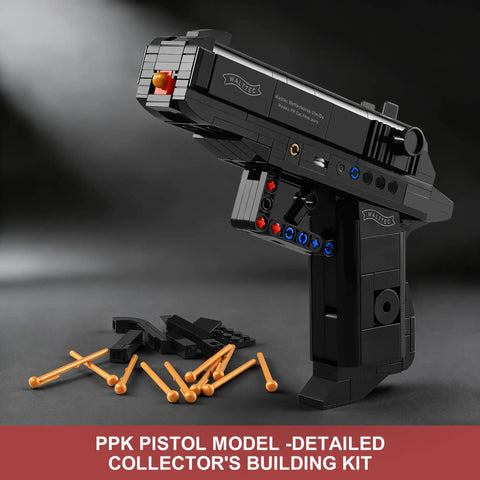 Two In One Gun Building Blocks Set With 800 Pieces Lets You Build MAC10 SMG And PPK Pistol Features Working Trigger Moving Slide Removable Magazine And 12 Plastic Projectiles For Build Play Display And Collectors Ages 8 And Up. PPK pistol model with 800-piece plastic blocks and projectiles