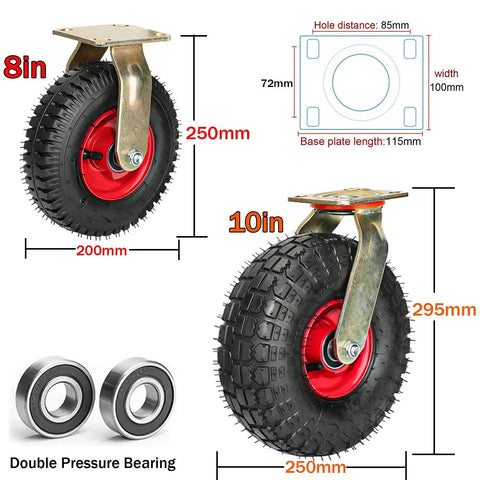 Top Shelf Hella Solid Eight Inch Swivel Caster Plates With Secure Wheel Brakes For Smooth Furniture Moves Quiet Floor Glides No Scratches Indoors Garage Workshop Upgrades Smoothly, 8 in rubber wheel with metal bracket.