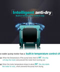 Diagram showing intelligent anti-dry built-in temperature control chip for water pump motor with temperature details.