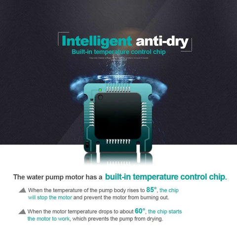 Diagram showing intelligent anti-dry built-in temperature control chip for water pump motor with temperature details.