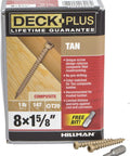 Tan Star Drive Composite Deck Screws Pre Drilled Countersunk Real Deal Fasteners For Wood Polymer Decking Heavy Duty Rust Proof Knockout Pull Tight Design Stops Cam Out Hassle Ready To Go Straight Up Solid Anchor 147 Piece Project Pack in packaging with screws visible.