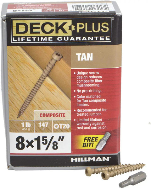 Tan Star Drive Composite Deck Screws Pre Drilled Countersunk Real Deal Fasteners For Wood Polymer Decking Heavy Duty Rust Proof Knockout Pull Tight Design Stops Cam Out Hassle Ready To Go Straight Up Solid Anchor 147 Piece Project Pack in packaging with screws visible.