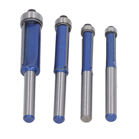 Get Your Hands On These Ycauty Tungsten Steel Flush Trim Router Bits, 4 pc set with blue coated tungsten steel bits for trimming.