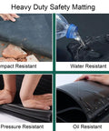 Hella Durable Rubber Insulating Mat For Electrical Safety Built Straight Tough Non Slip Flooring With High Voltage Shock Shield showcasing impact, water, pressure, and oil resistance features.