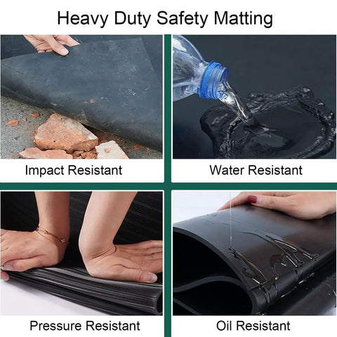 Hella Durable Rubber Insulating Mat For Electrical Safety Built Straight Tough Non Slip Flooring With High Voltage Shock Shield showcasing impact, water, pressure, and oil resistance features.