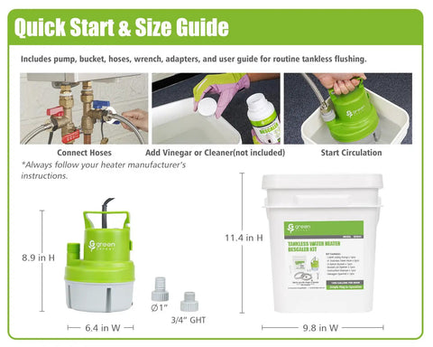Heavy-Duty Tankless Water Heater Flushing Kit With Powerful Circulation Pump And Durable Stainless Steel Hoses For Hassle-Free Descaling and Tough Mineral Buildup Removal Includes A Robust 3-Gallon Bucket And Essential Gear For Annual Maintenance quick start guide with pump, hoses, and descaler.
