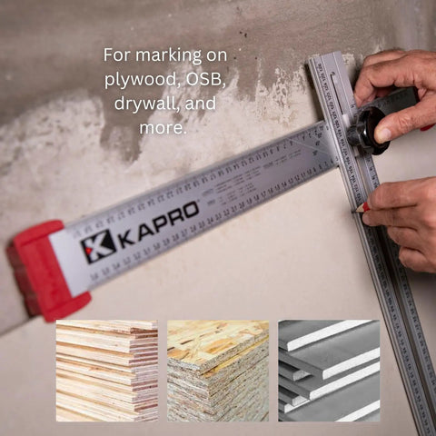 Tough As Nails 48 Inch Aluminum Adjustable Drywall T Square Tool With Fast Adjust Head, sitting on drywall for marking.