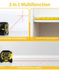 3 In 1 Digital Laser Tape Measure And Level Combo, 100m Laser Distance Meter With Cross Line Laser Level, 328ft Range, 16ft Digital Tape, Pro Grade Contractor Tool For Fast, Accurate Measurements On Job Sites. Cross-line laser and 5m tape in use